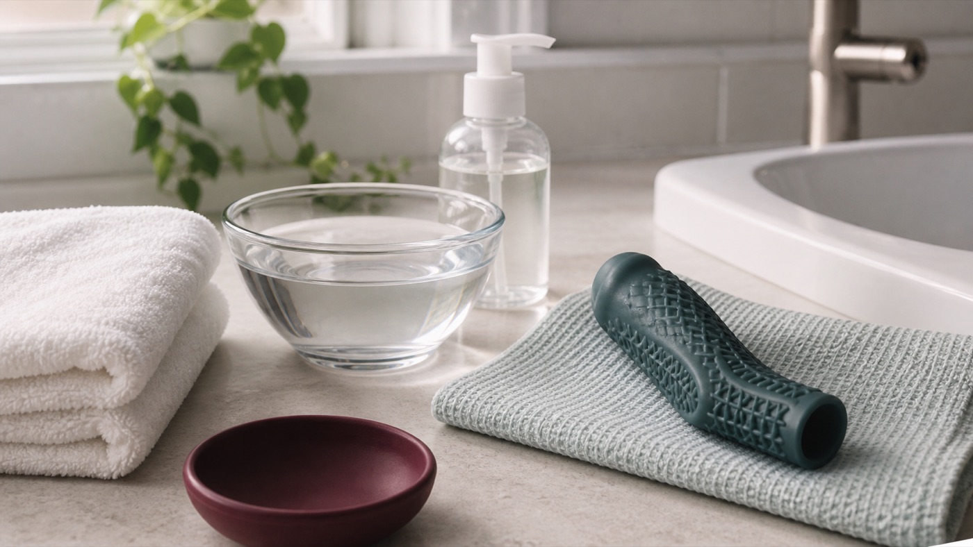Clean sink-side care setup for a silicone sleeve cleaning guide