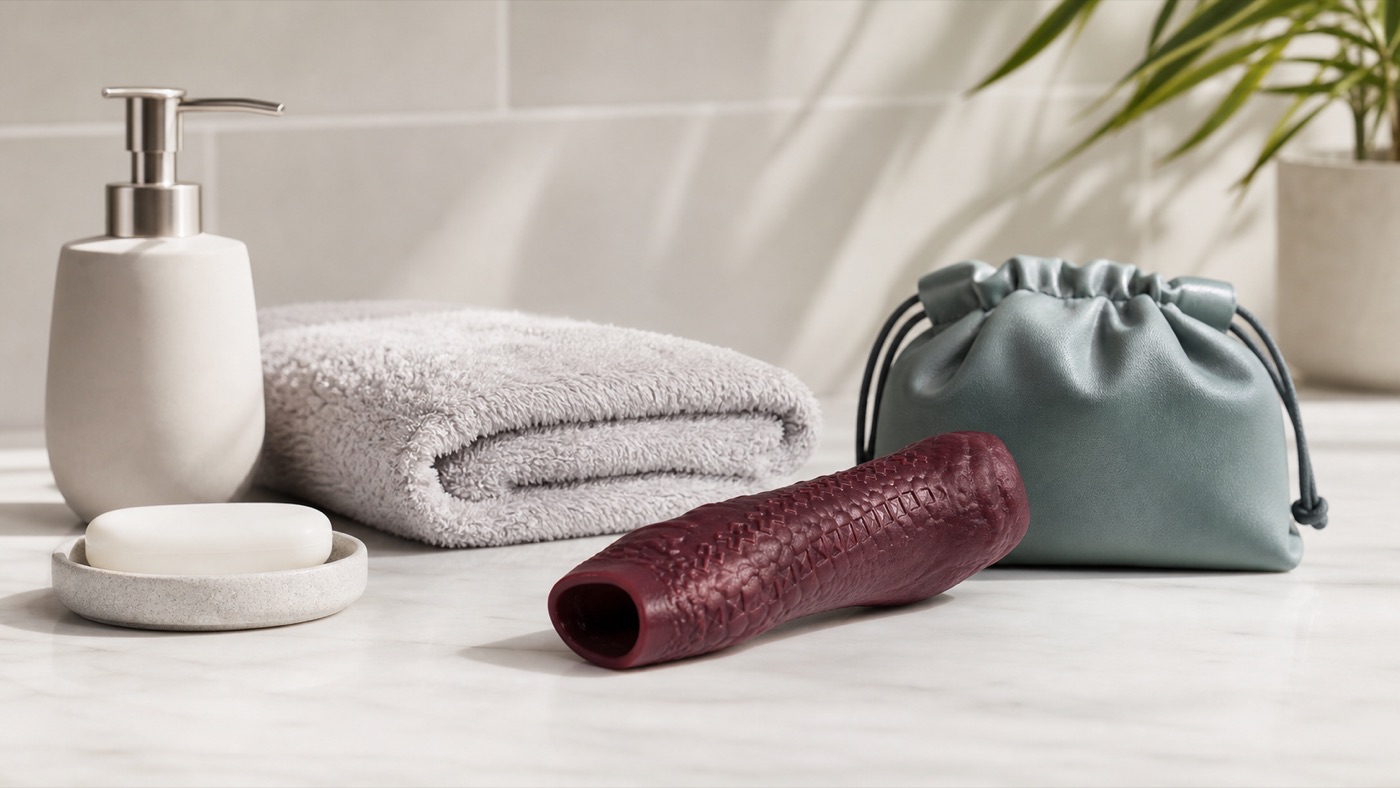 Clean adult wellness still life for a silicone sleeve safety guide