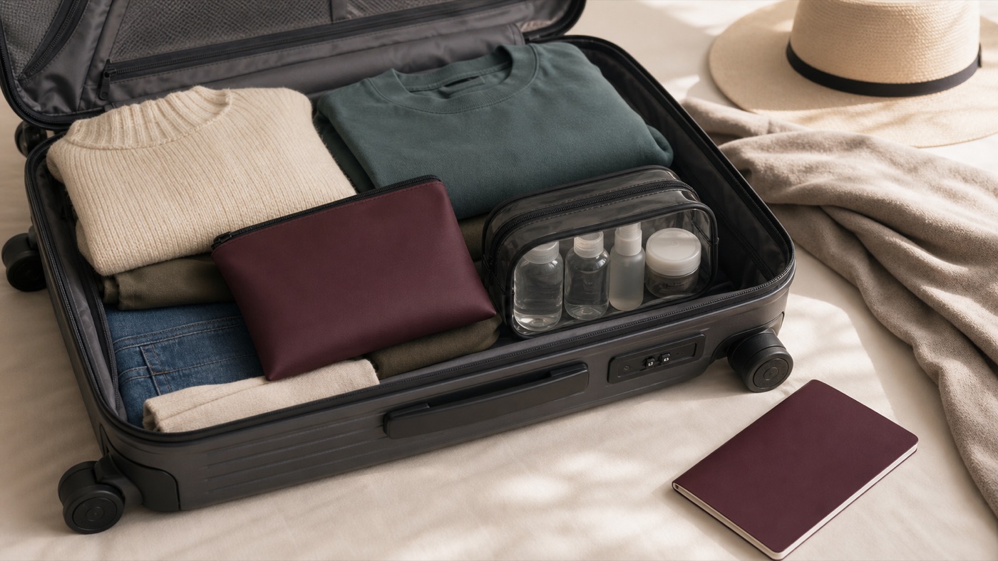 Discreet travel packing still life for an adult wellness accessory carry-on guide